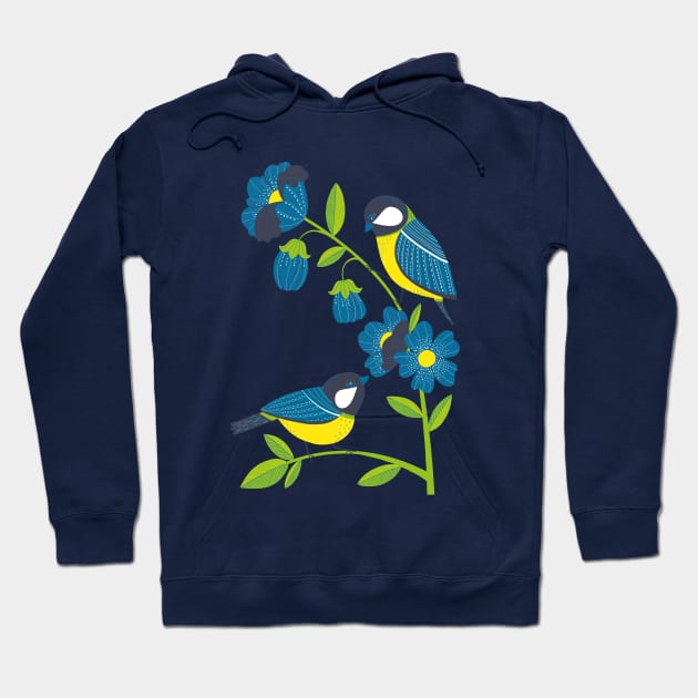 great tit on blue bells flowers Hoodie by Angela Sbandelli Illustration and Design